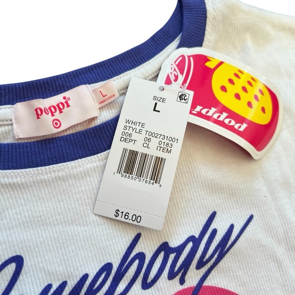 Poppi White and Pink Crop T-Shirt with Purple Trim, L - Picture 3 of 5